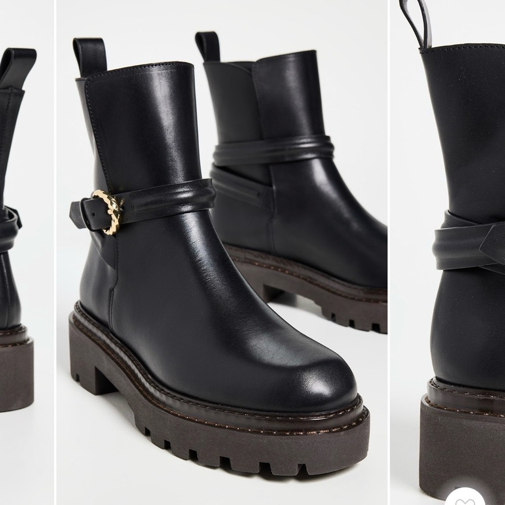 Ulla Johnson Lennon Black Leather Lug-Sole Ankle Boots with Gold Buckle